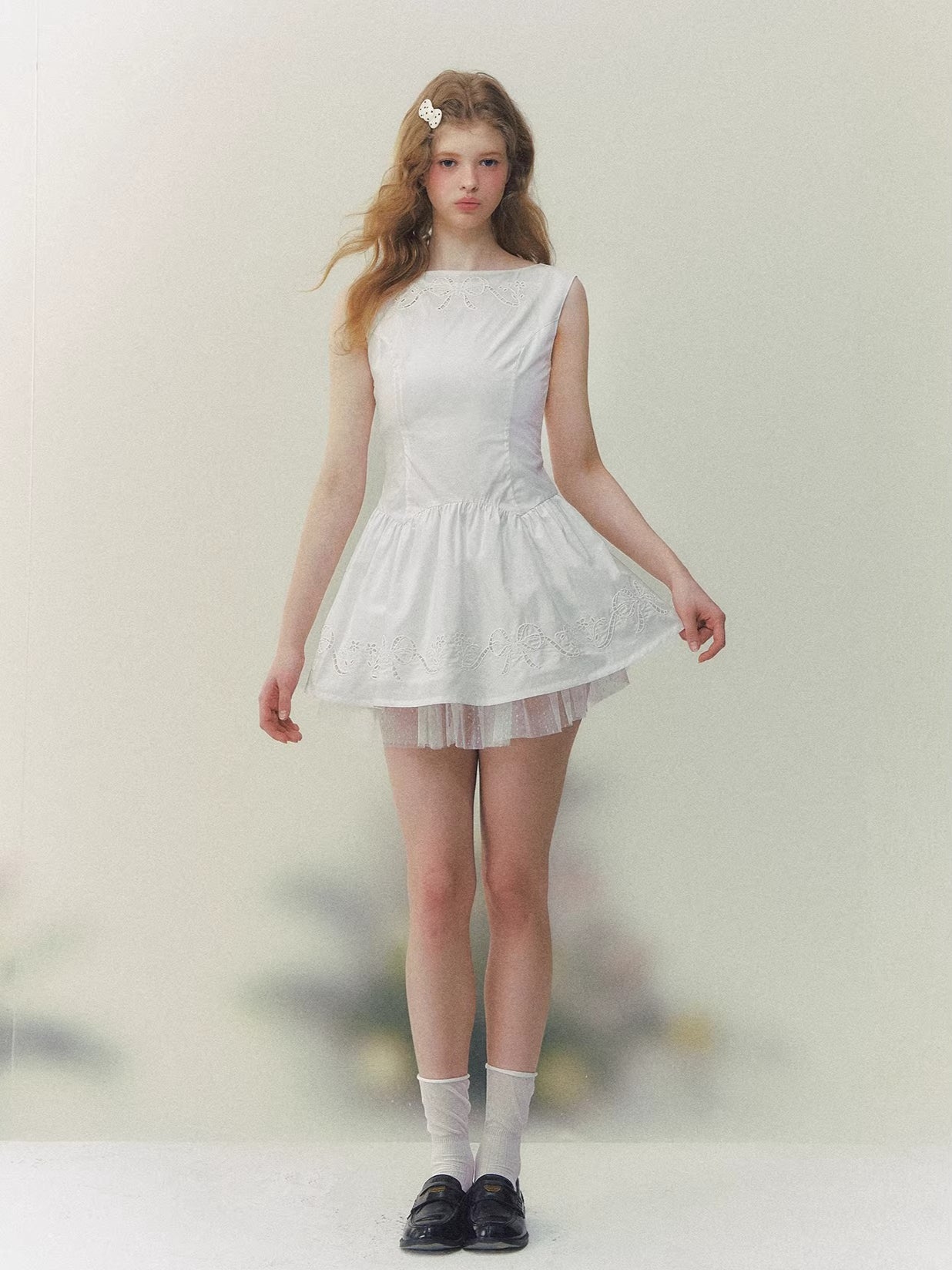 White Embroidered Bow Mini Dress