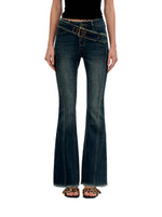 Washed Raw-Edge Belted Flare Jeans