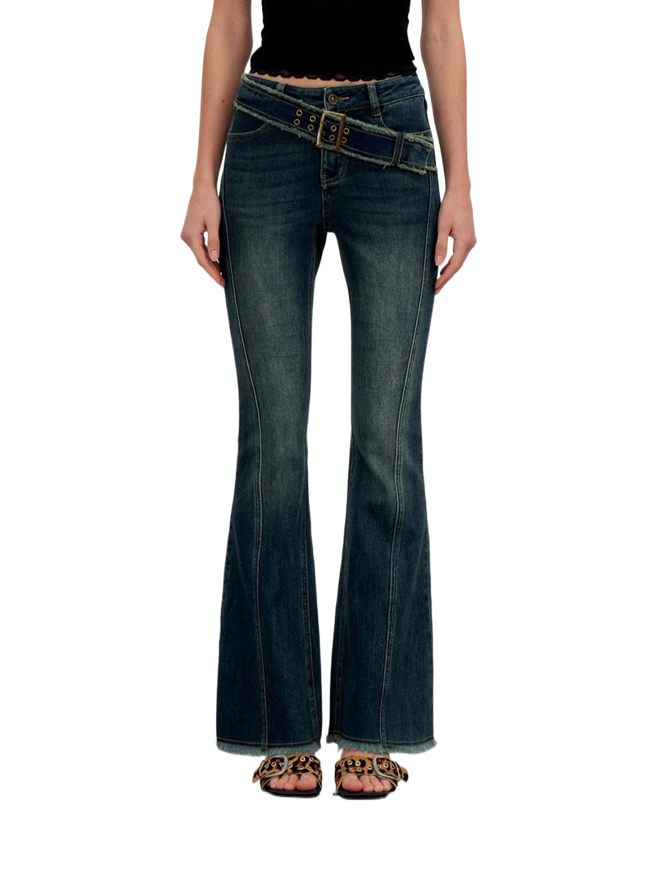 Washed Raw-Edge Belted Flare Jeans