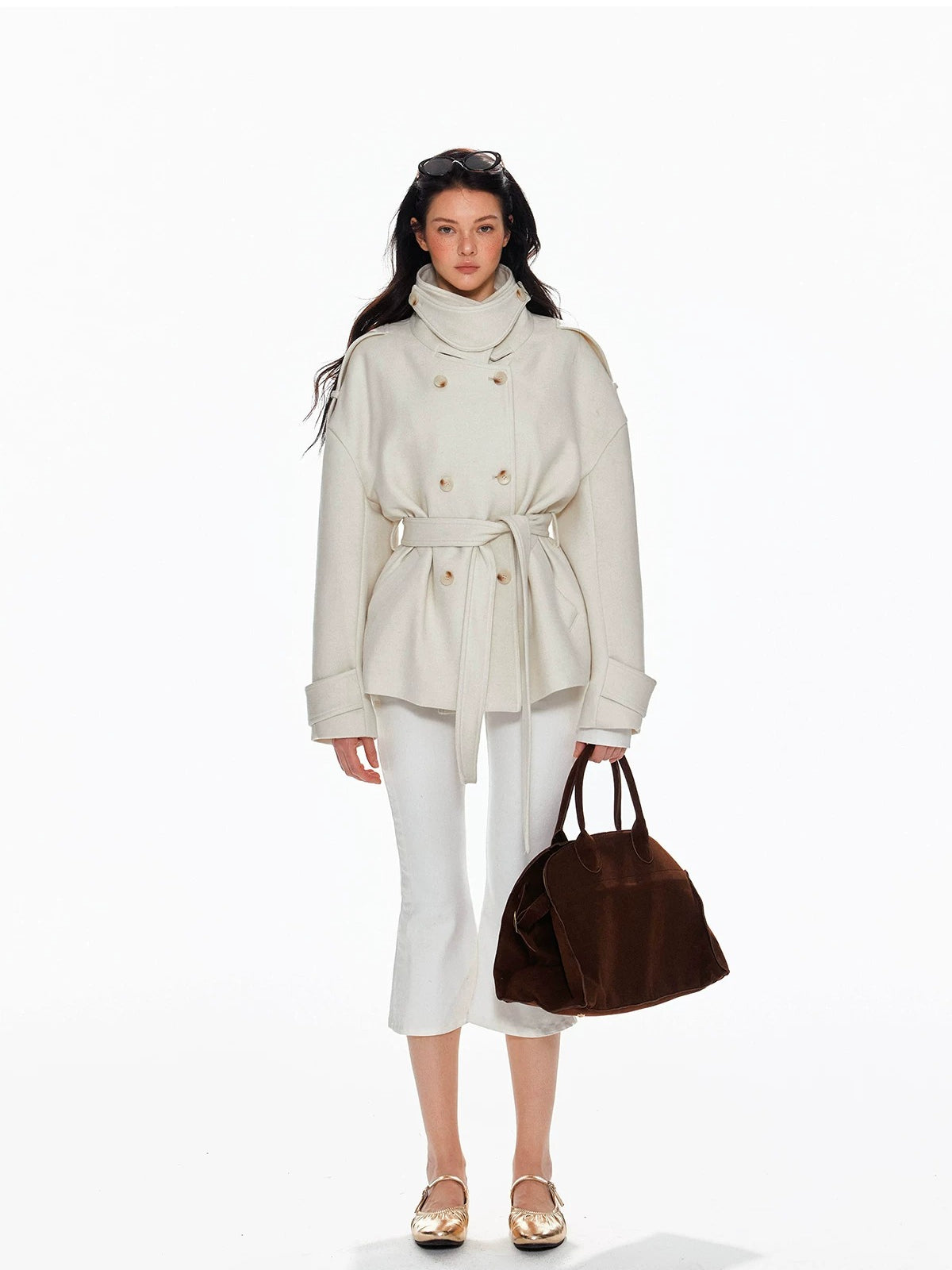 Wool Double Breasted Belted Short Coat