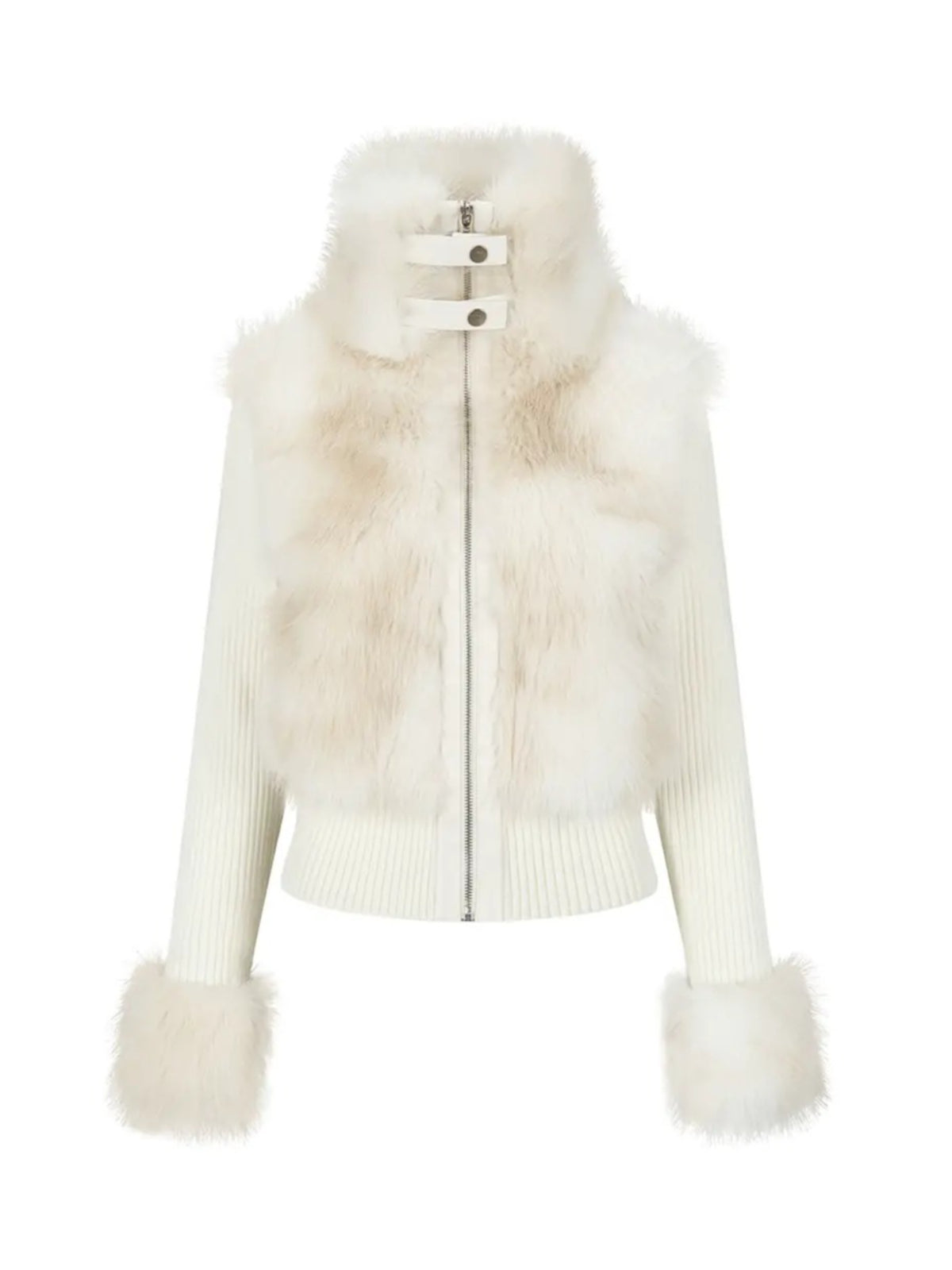 Faux Fur Patchwork Fitted Knit Jacket