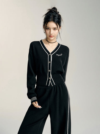 Black &amp; Off-white V-neck Knitted Cardigan Set