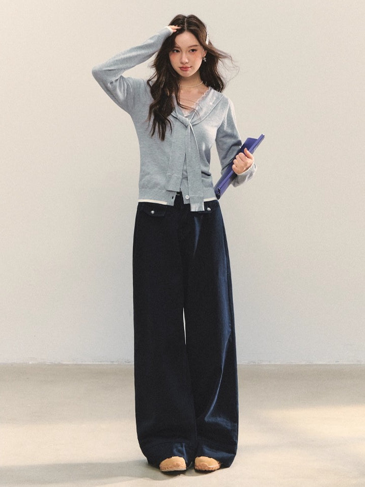 Lace-Trim Tie Knit Blouse