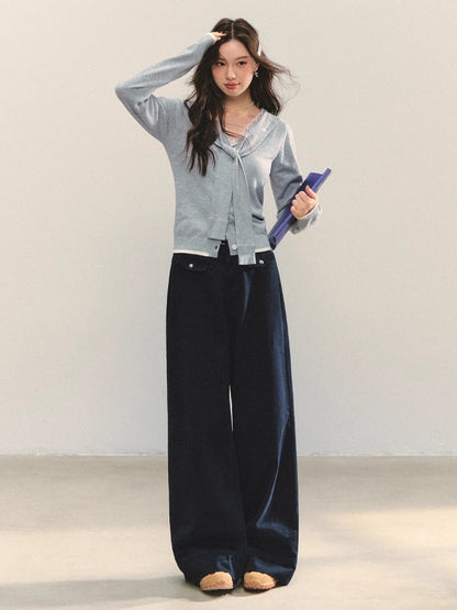Lace-Trim Tie Knit Blouse