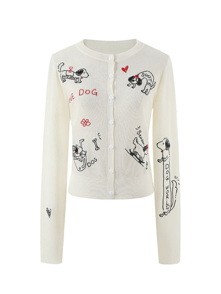 Embroidered Puppy Sun-Protective Knit Cardigan