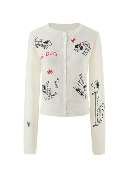 Embroidered Puppy Sun-Protective Knit Cardigan