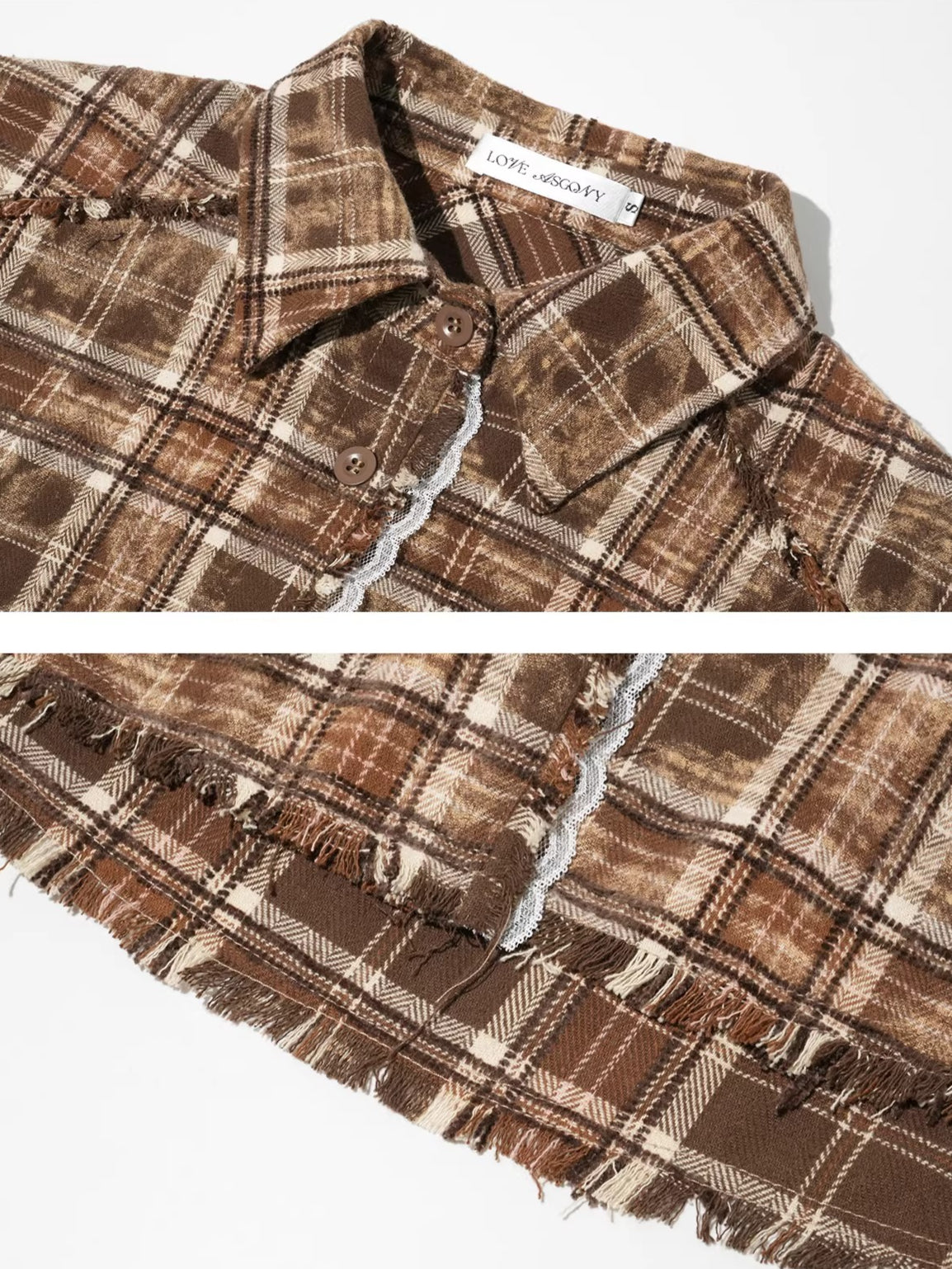 Brown Plaid Lace Trim Shirt