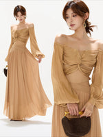Brown Off Shoulder Butterfly Knot Maxi Dress