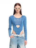 "Caracal Series" Washed Crinkle Denim Mesh Bodysuit