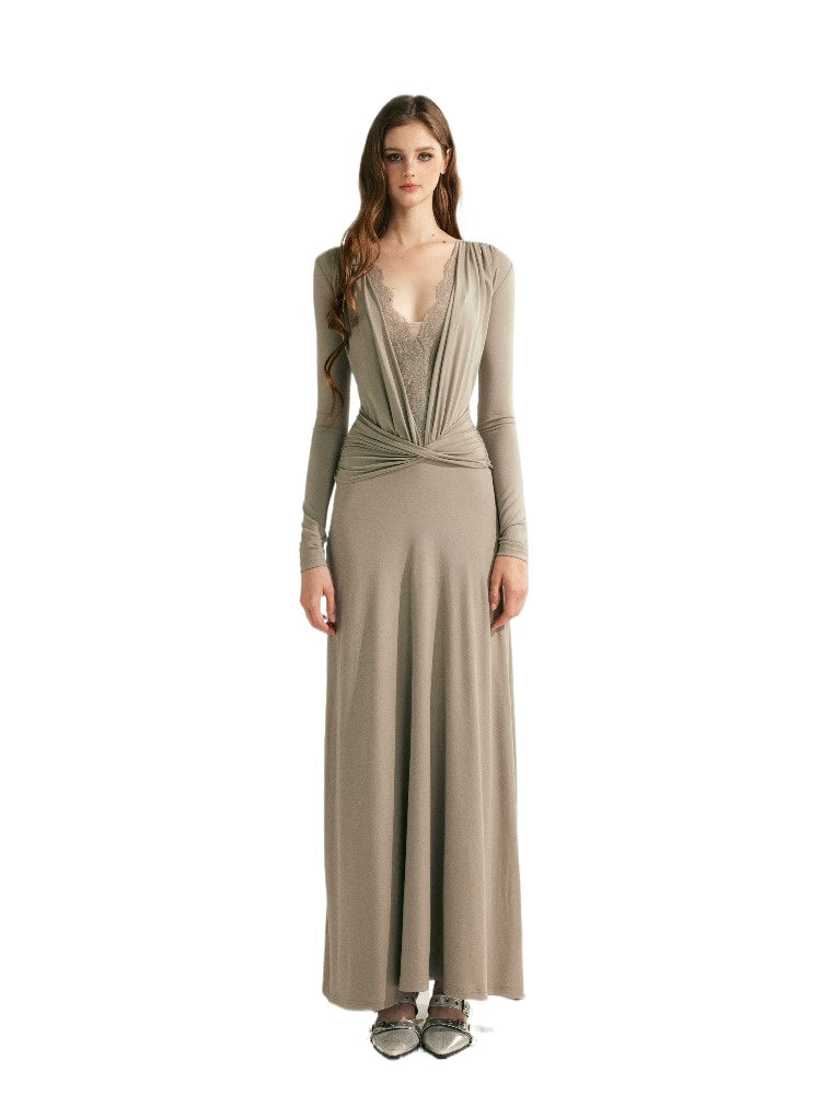 Grey Lace-Paneled Knit Pleated Dress