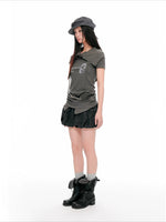 Vintage Drawstring Collar Graphic T-Shirt