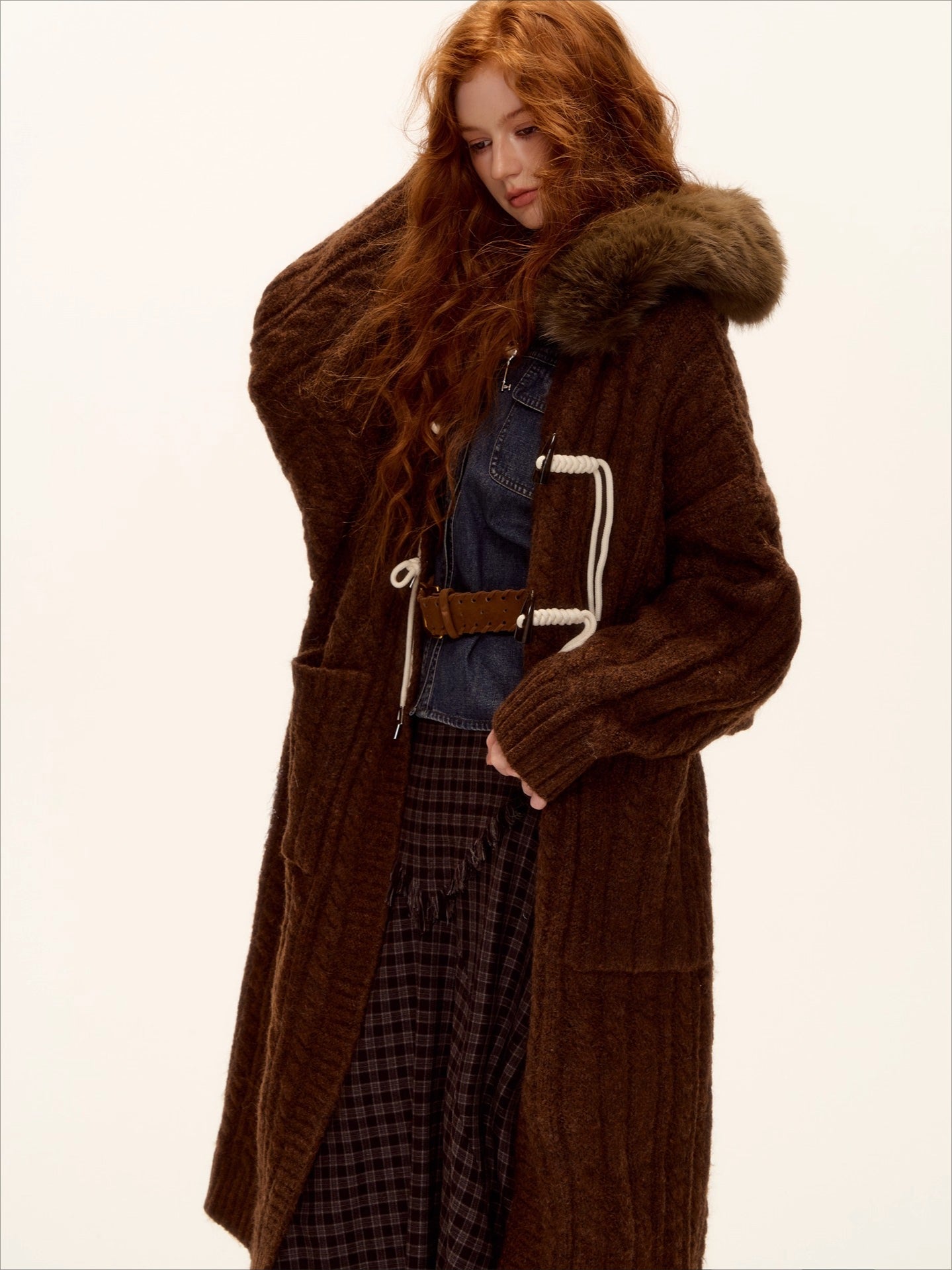 Detachable Fur Collar Cable-Knit Long Cardigan