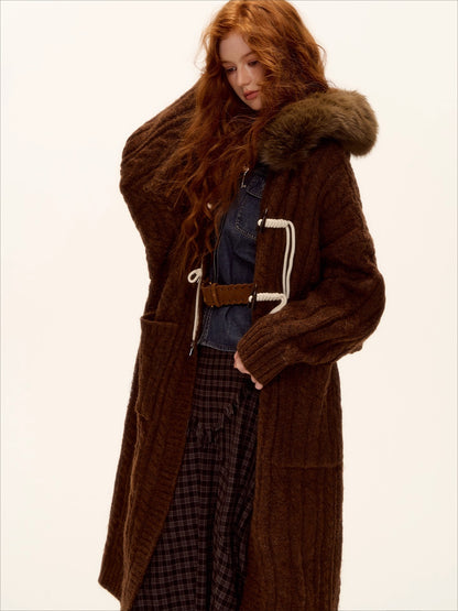 Detachable Fur Collar Cable-Knit Long Cardigan