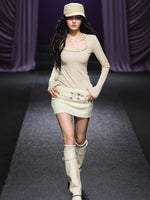 Ribbon Trim Square-Neck Knit Crewneck