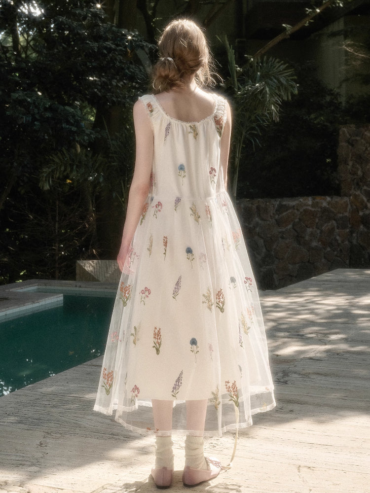 Gauze Flower Embroidered Double - Layer Sundress