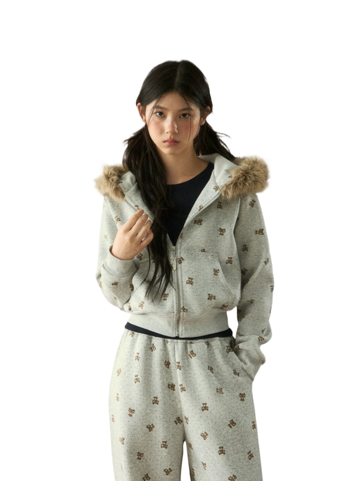 Bear Print Hooded Zip Jacket