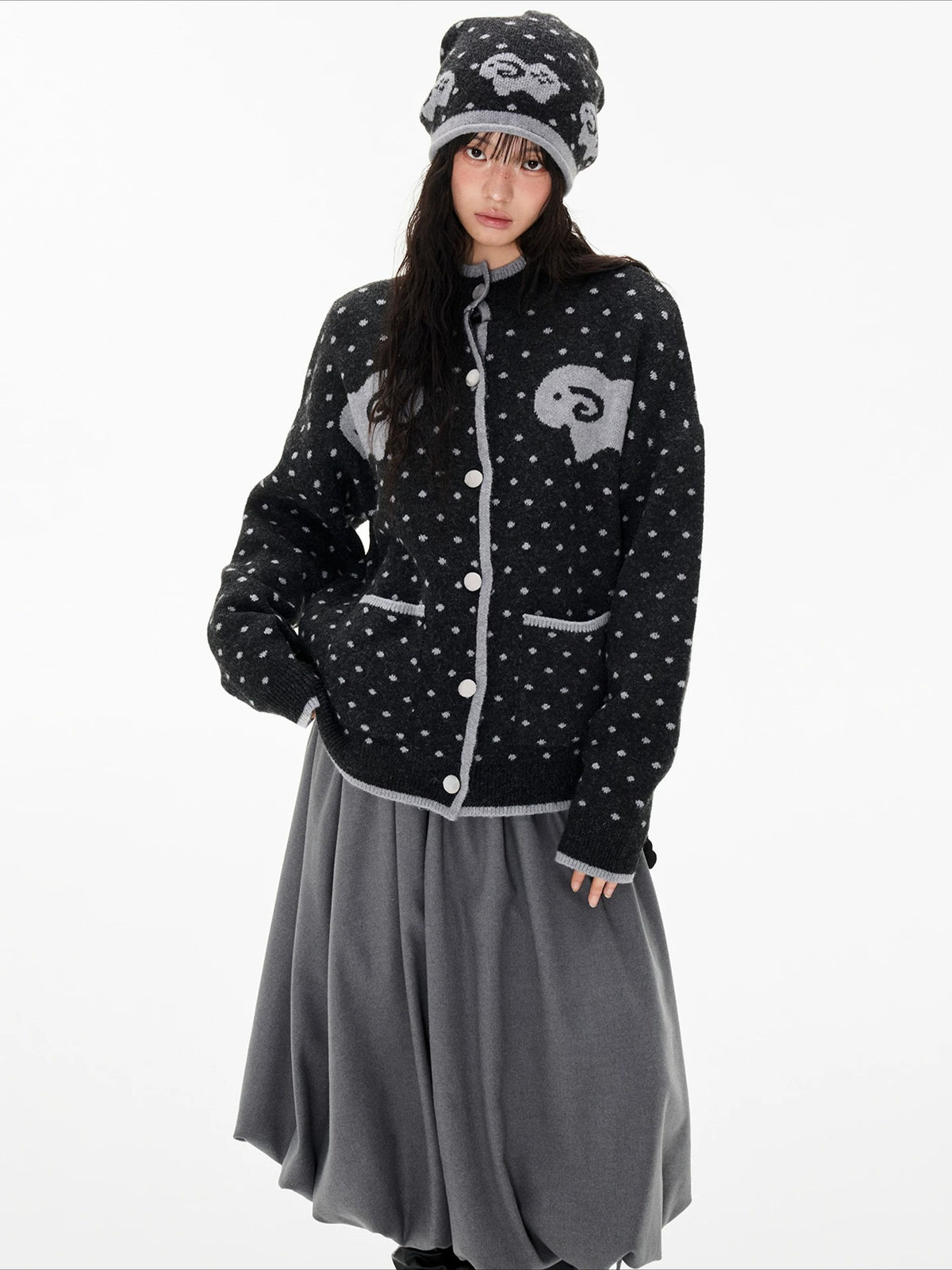 Contrast Sheep Jacquard Knit Cardigan