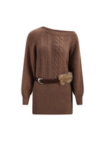 Coffee & Apricot Off-the-shoulder Belt Dress