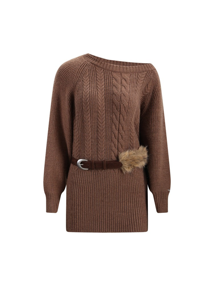 Coffee &amp; Apricot Off-the-shoulder Belt Dress