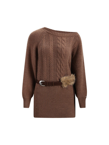 Coffee &amp; Apricot Off-the-shoulder Belt Dress