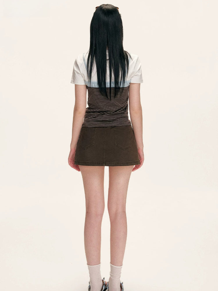 Brown Contrast Waist Denim Skirt