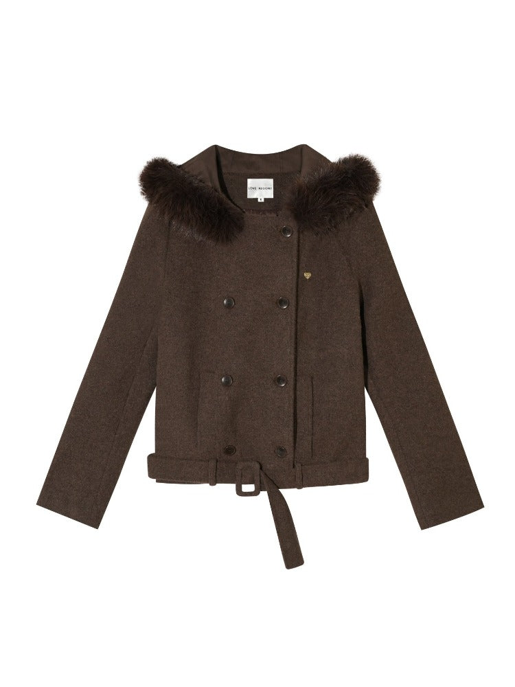 Coffee Hooded Wool Short Jacket &amp; Skirt Set
