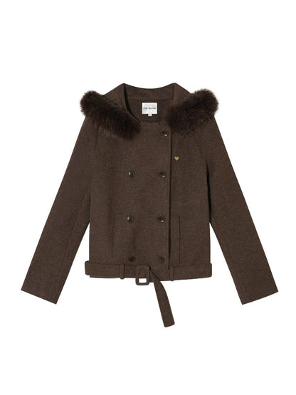 Coffee Hooded Wool Short Jacket &amp; Skirt Set