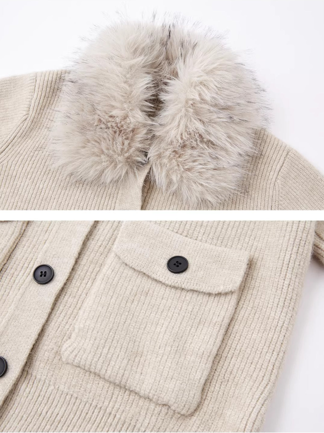 Detachable Fur Collar Ribbed Cardigan