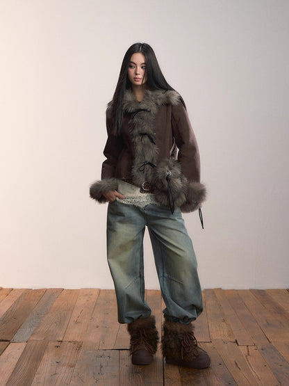 Bow Knot Tie Faux Leather Fur Combo Jacket