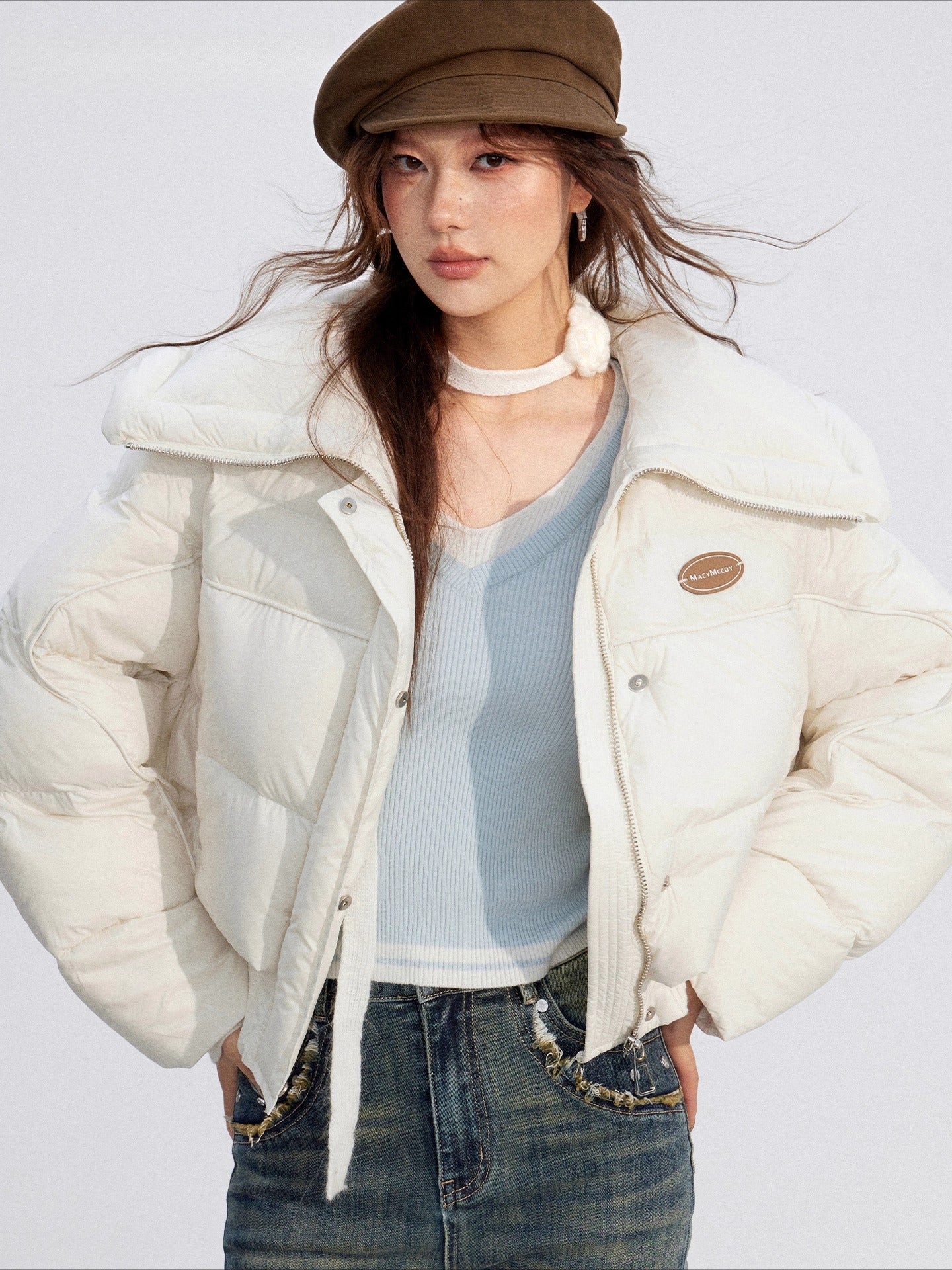 Large Lapel Knit-Panel Down Jacket