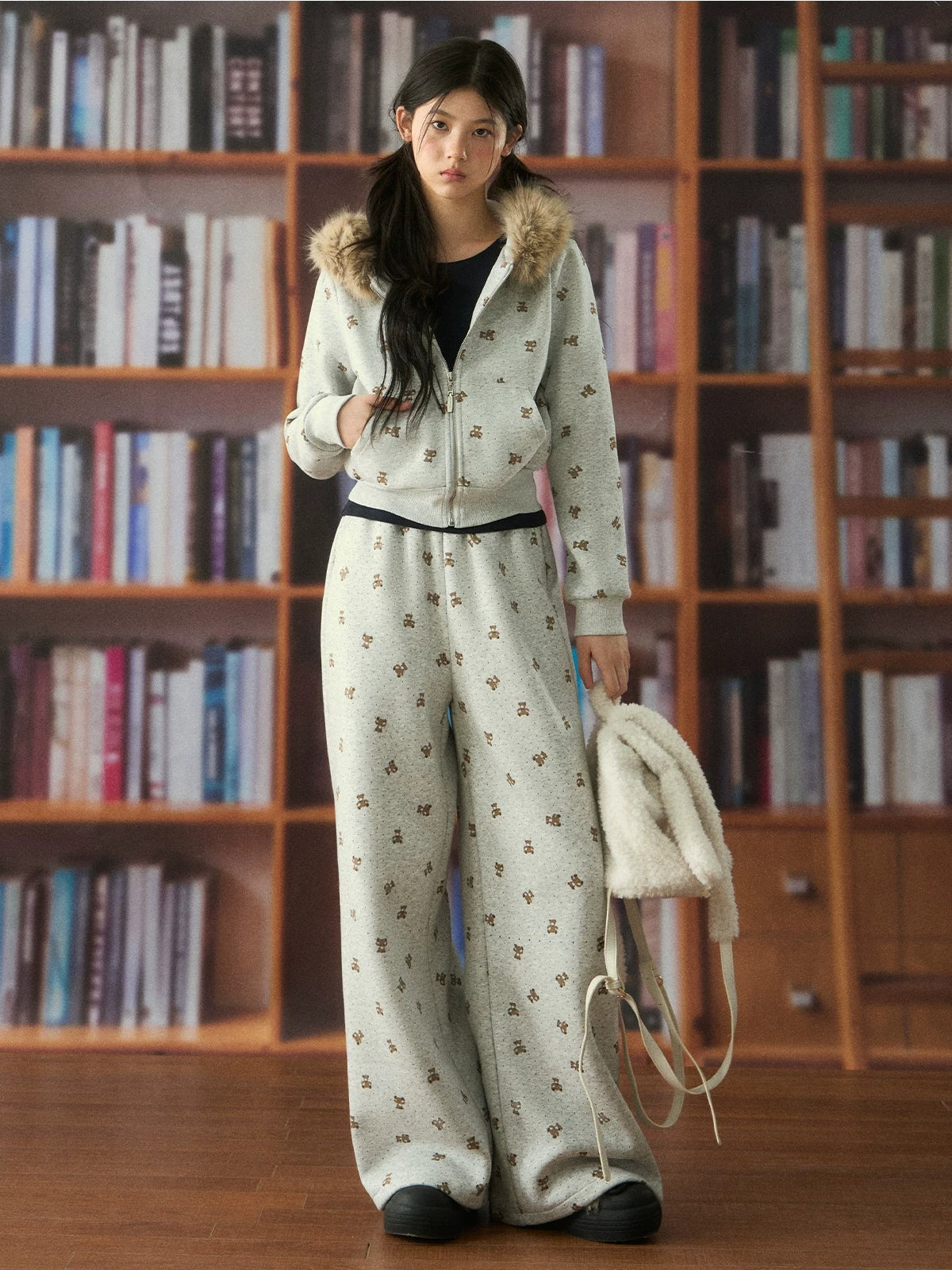 Bear Print Wide Leg Pants