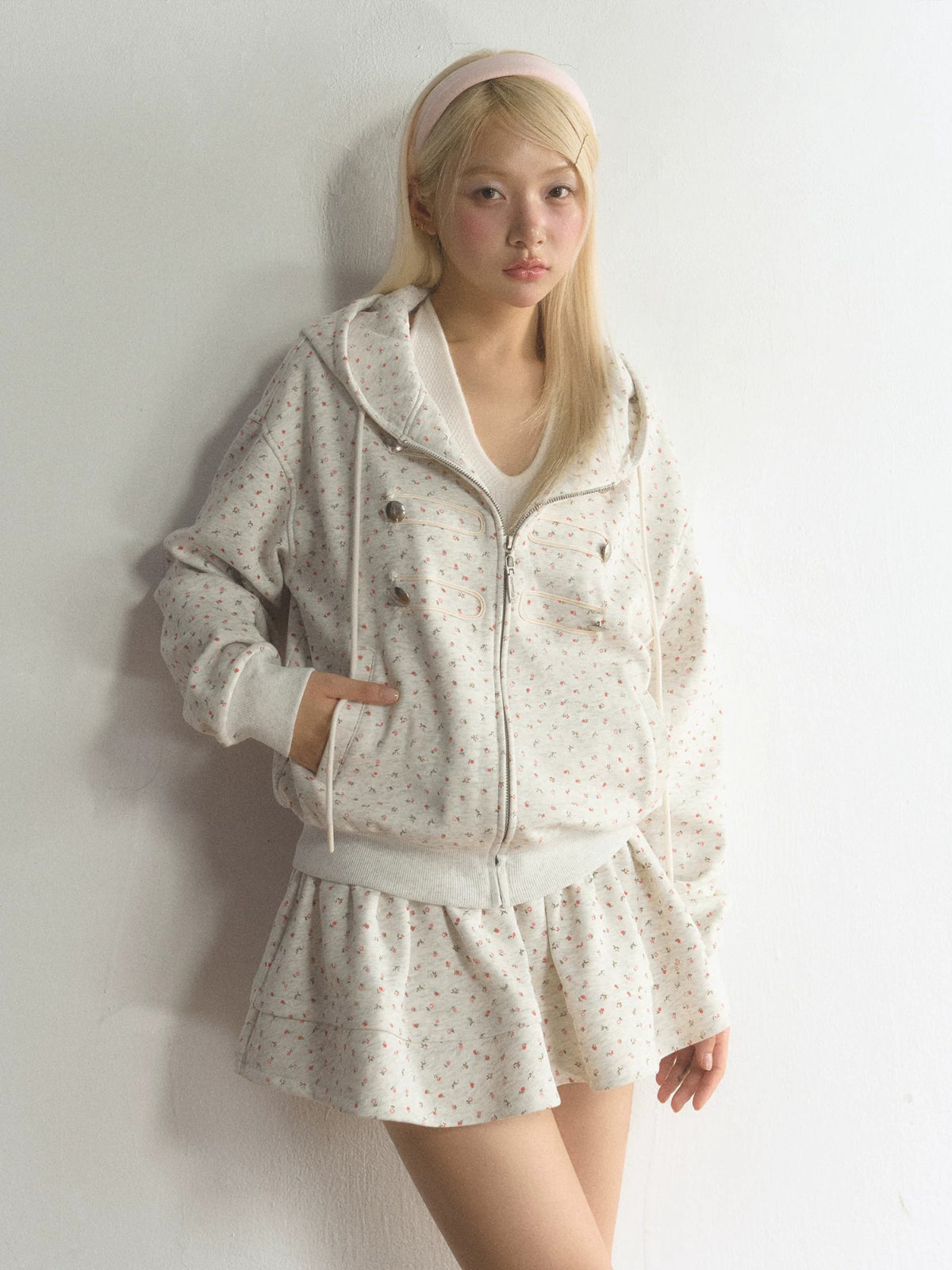 Floral Military Detail Zip-Up Hoodie