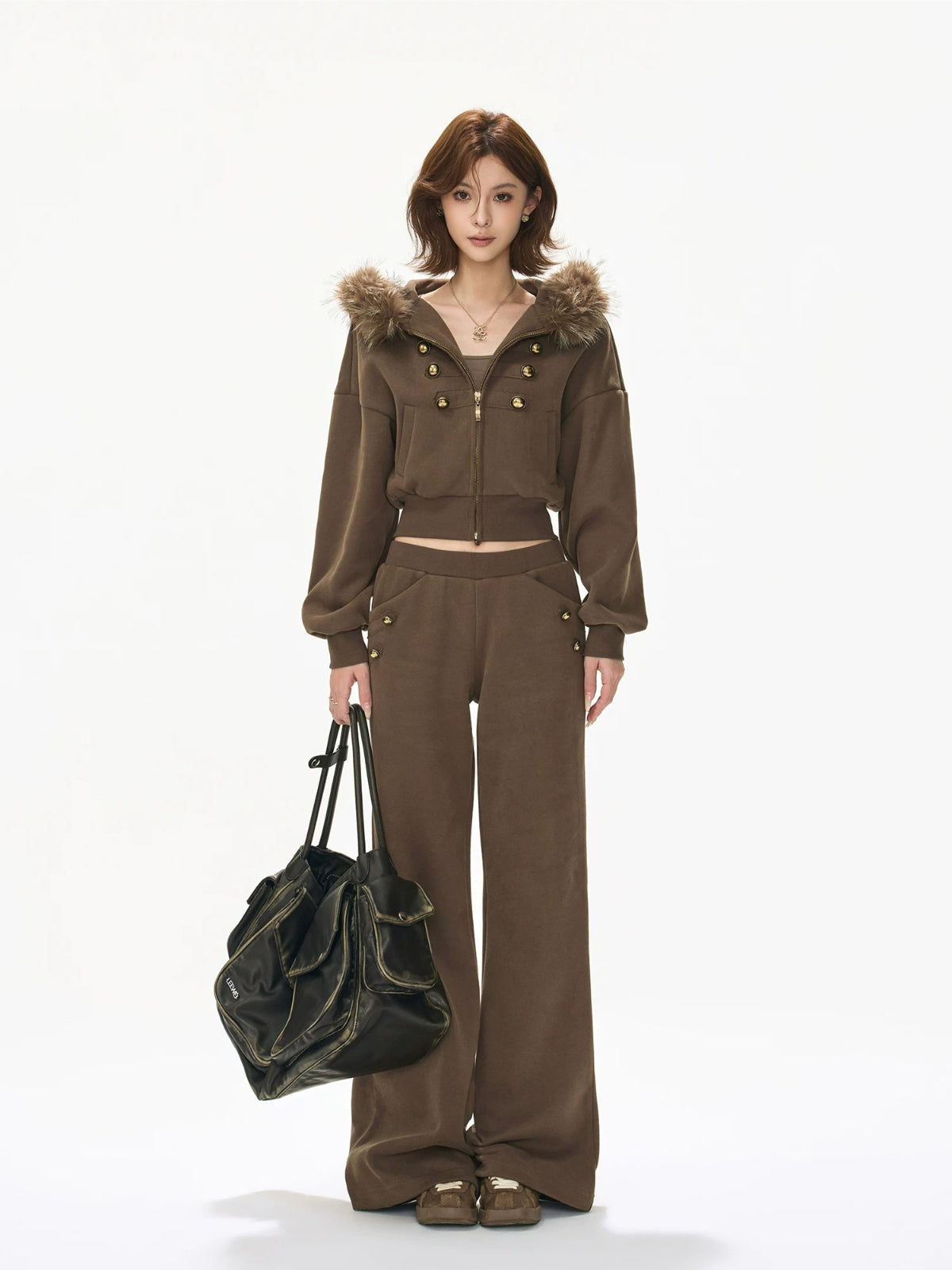 Caramel Hooded Cropped Wide-Leg Set