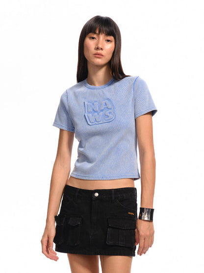 Applique Embroidery Washed Round - Neck Raw - Edge T - shirt
