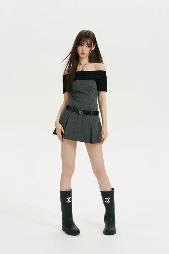 Grid Off-Shoulder Mini Dress