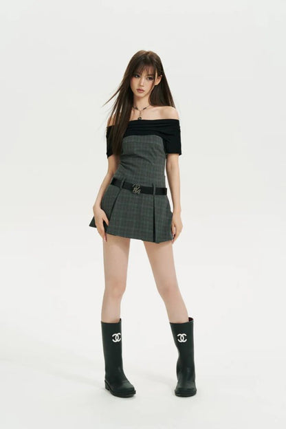 Grid Off-Shoulder Mini Dress