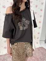 Leopard Rhinestone Shoulder Top