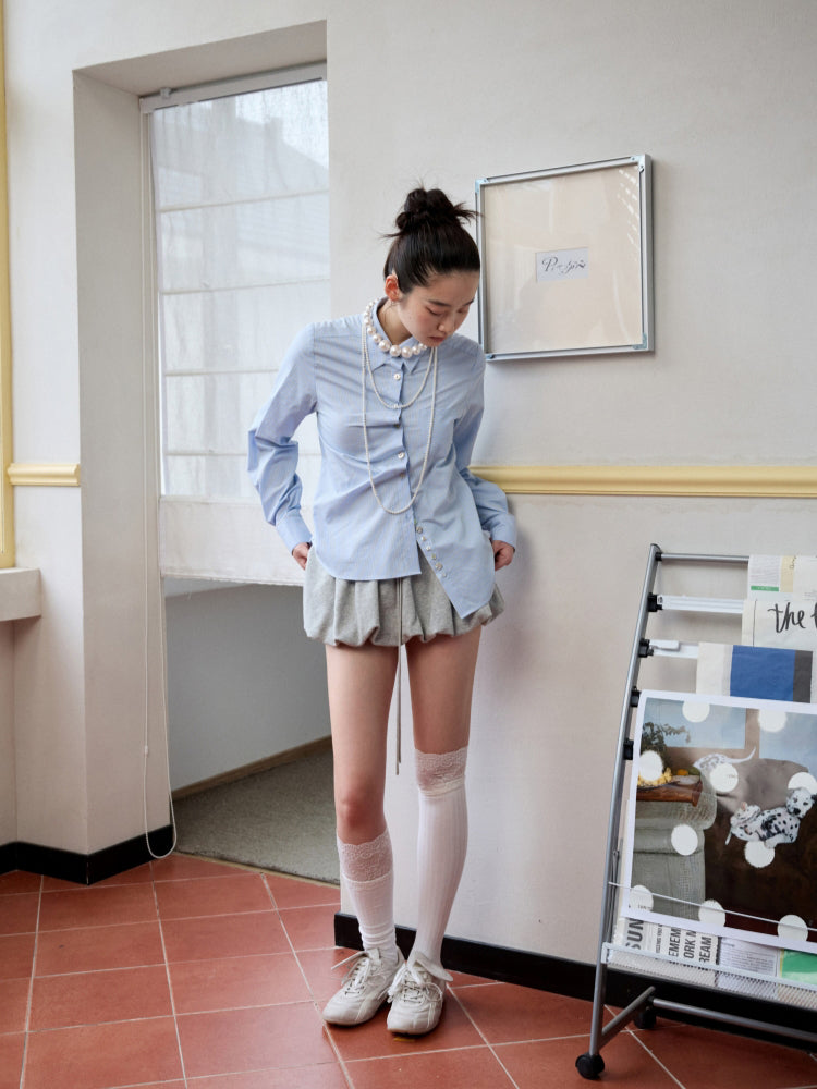 Solid Color Shell Button Fitted Shirt