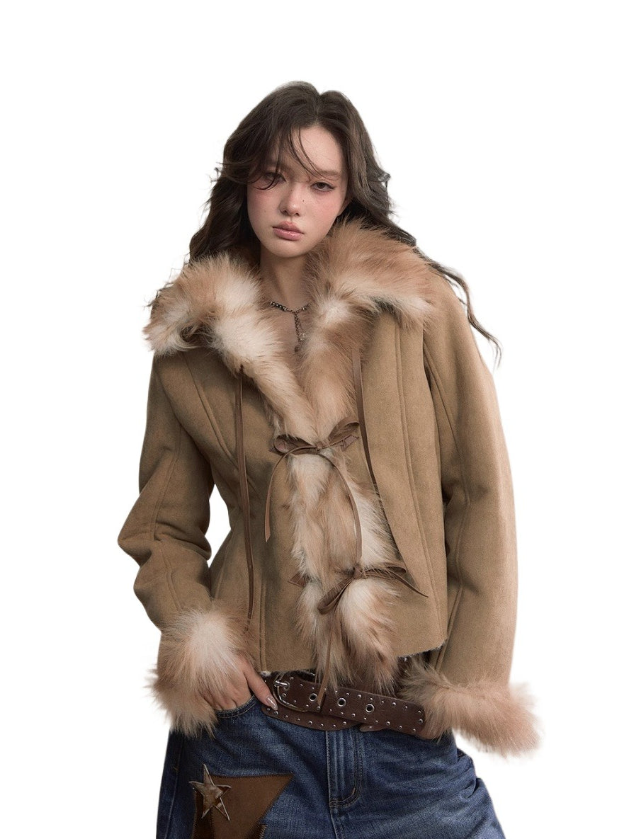 Bow Knot Tie Faux Leather Fur Combo Jacket