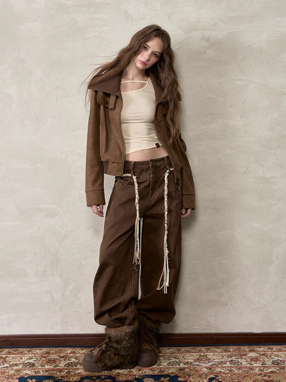 Brown Double-Waistband Straight Pants