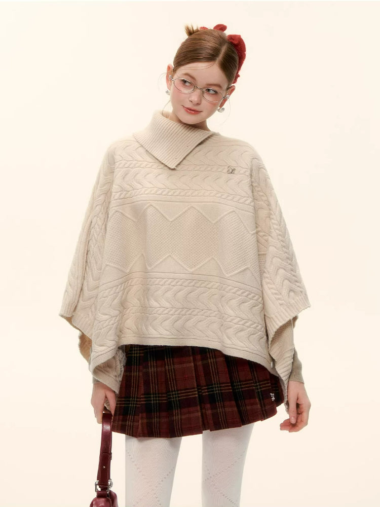 Cable-Knit Asymmetric Collar Cape Top