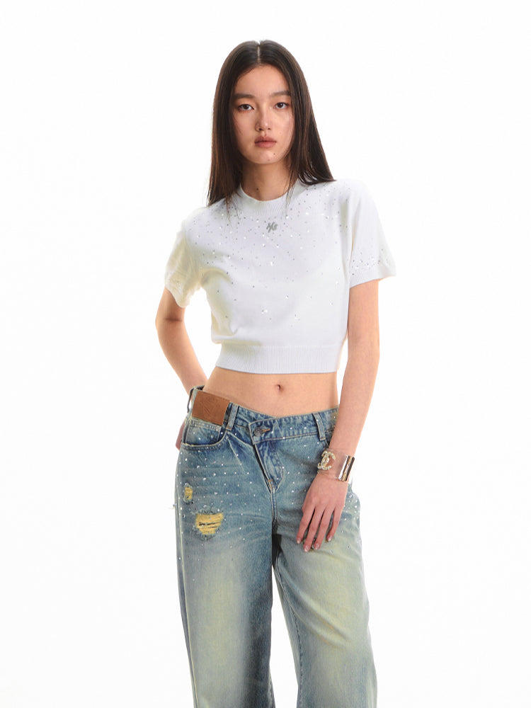 Gradient Rhinestone Shoulder Short-Sleeve T-shirt