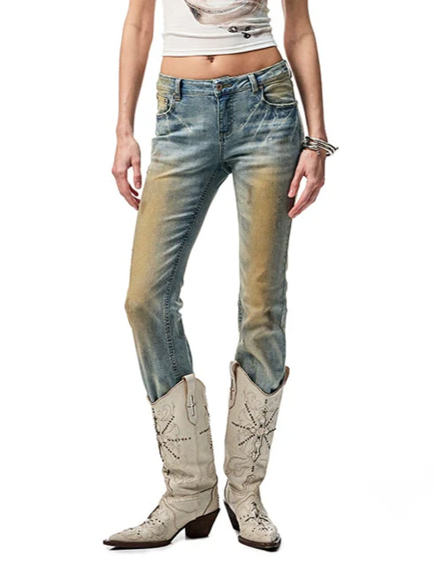 Washed Skinny Low-Rise Denim Flared Pants