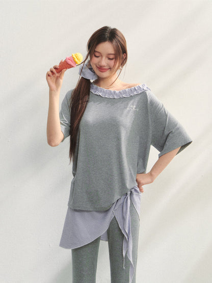 Checkered Asymmetric Shoulder Short-Sleeve T-Shirt &amp; Pants Set