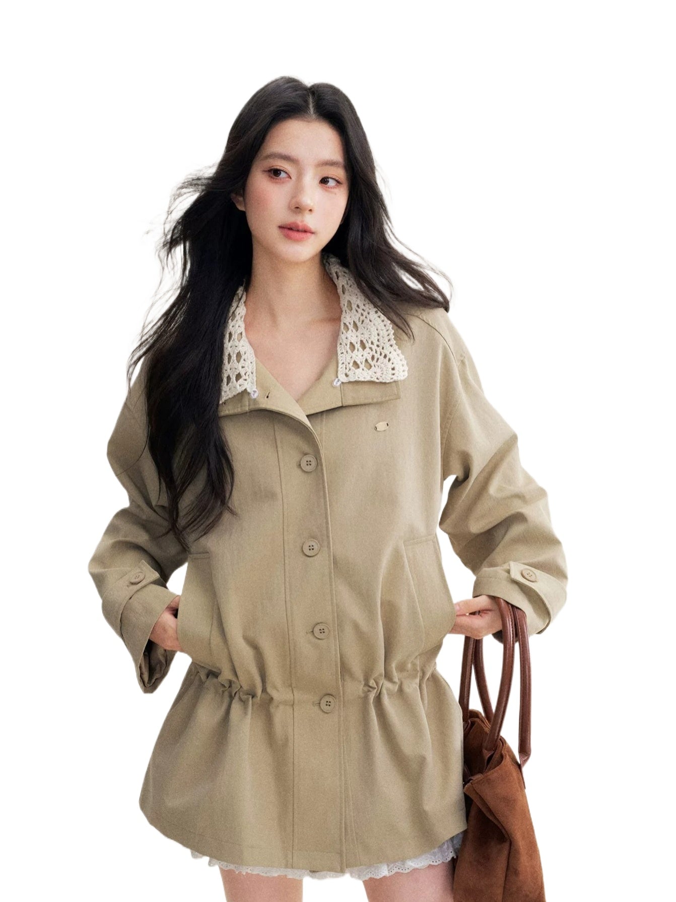 Crochet Collar Drawstring Coat