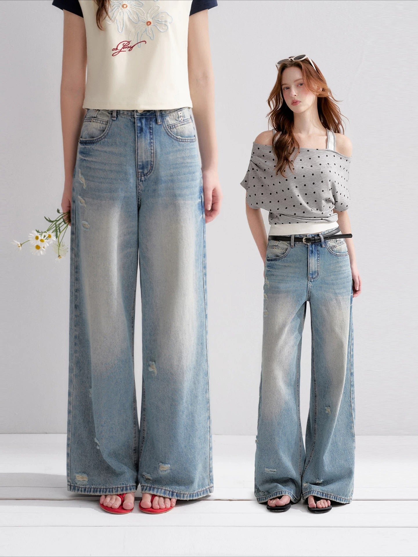 Washed Distressed Wide-Leg Jeans