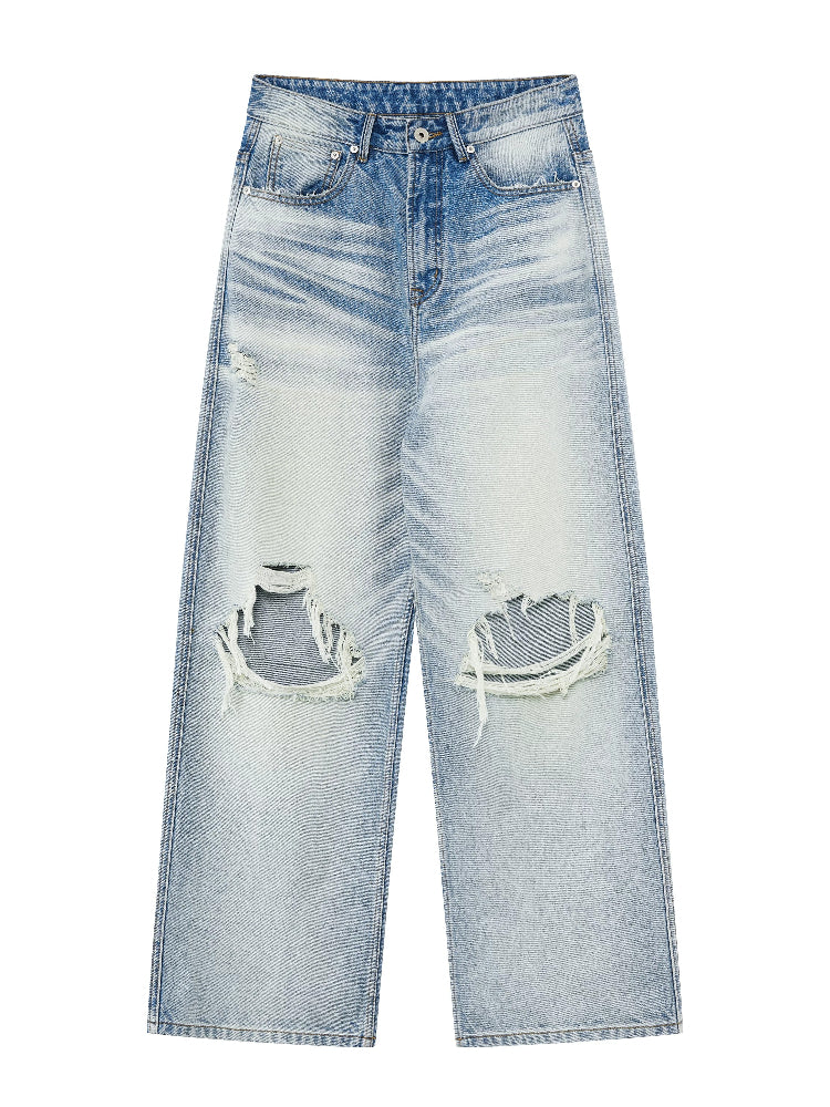 Washed Distressed Wide Jeans