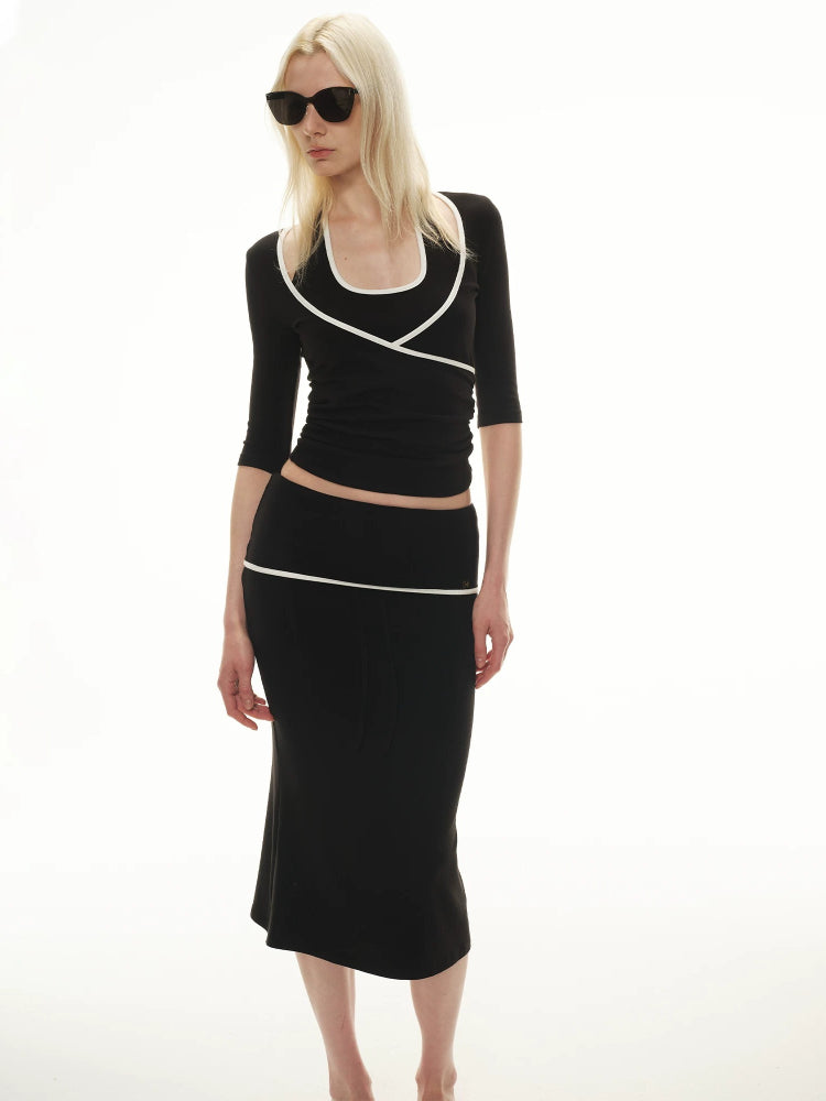 Contrast Knit Halter Skirt Set