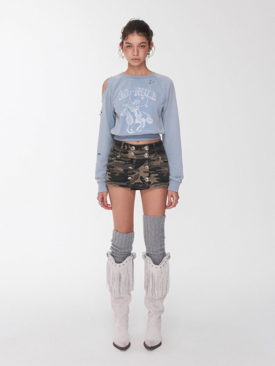 Washed Distressed Knight Cat Graphic Sweatshirt