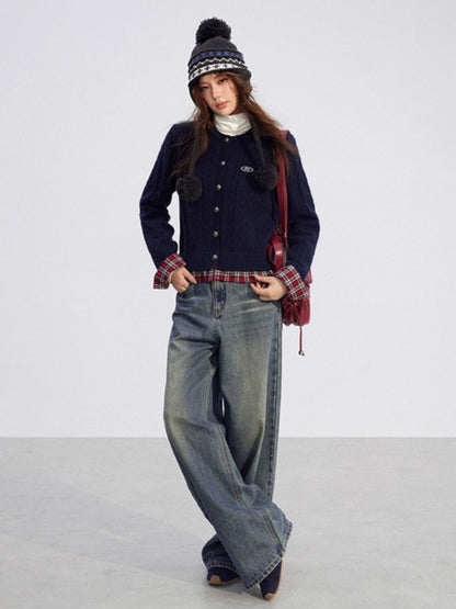 Plaid Trim Knit Cardigan